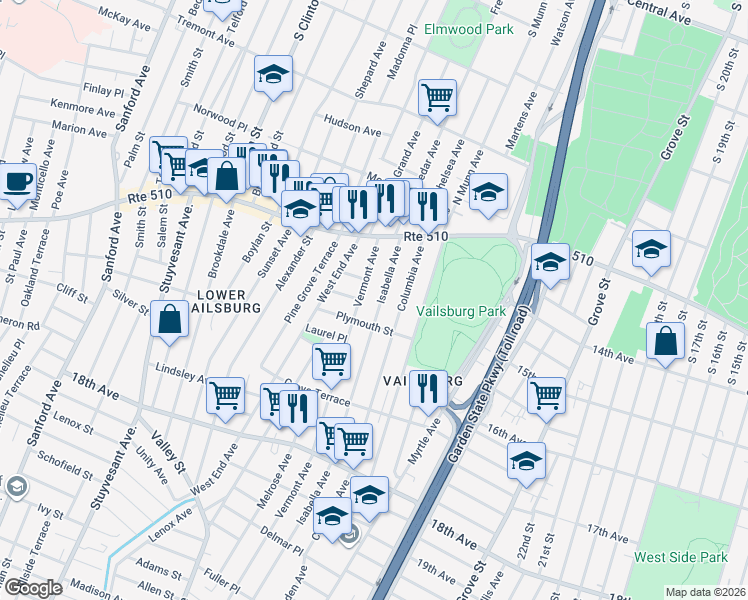 map of restaurants, bars, coffee shops, grocery stores, and more near 62 Vermont Avenue in Newark