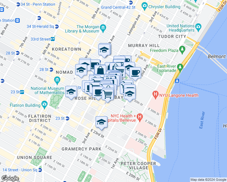 map of restaurants, bars, coffee shops, grocery stores, and more near 427 3rd Avenue in New York