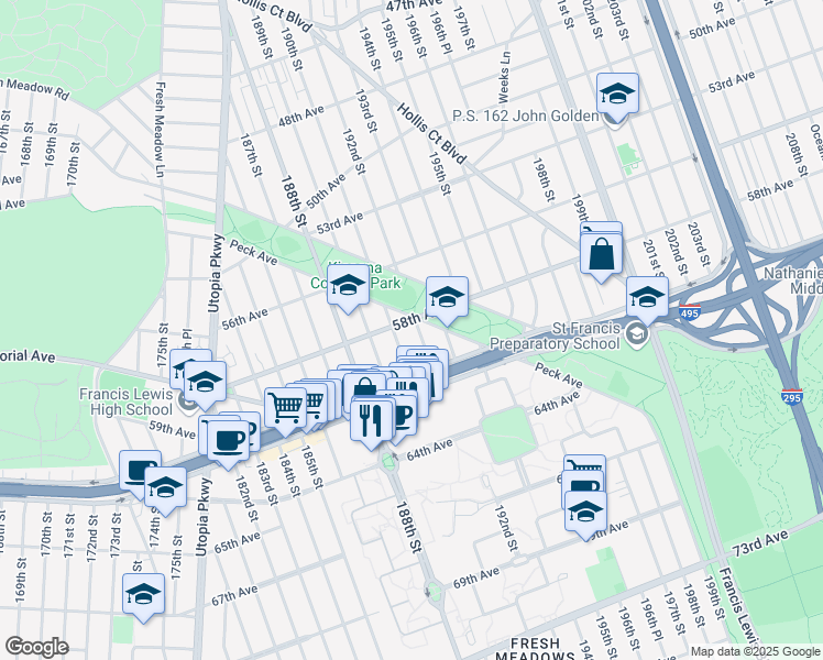 map of restaurants, bars, coffee shops, grocery stores, and more near 58-08 192nd Street in Queens