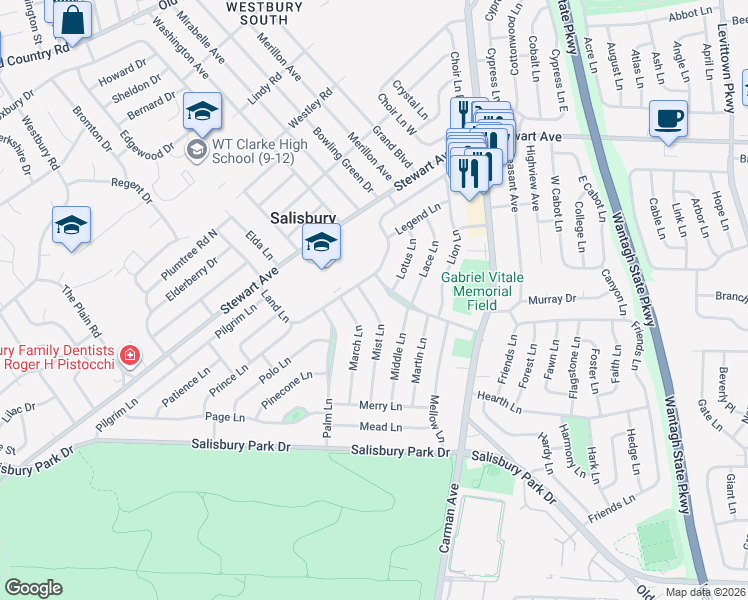 map of restaurants, bars, coffee shops, grocery stores, and more near 11 Mist Lane in Westbury