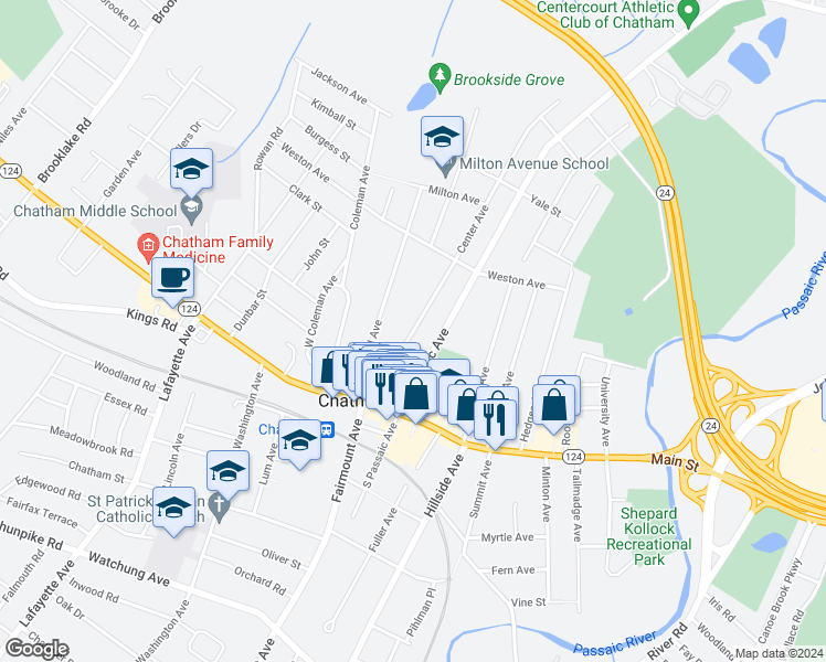 map of restaurants, bars, coffee shops, grocery stores, and more near 64 Center Avenue in Chatham