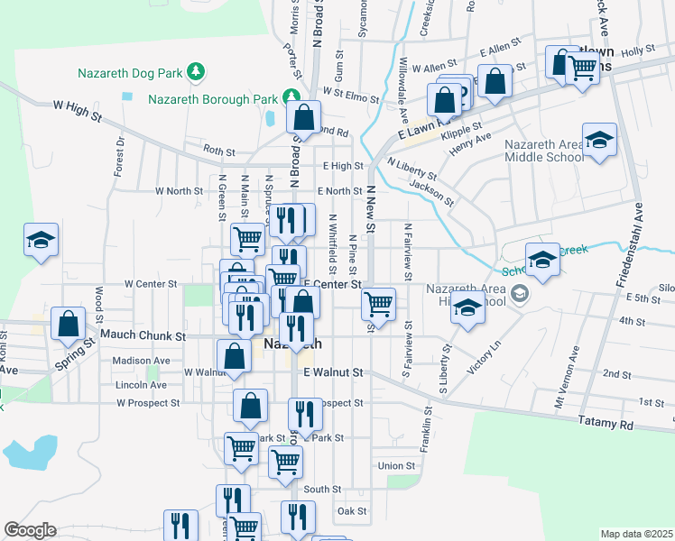 map of restaurants, bars, coffee shops, grocery stores, and more near 14 North Whitfield Street in Nazareth