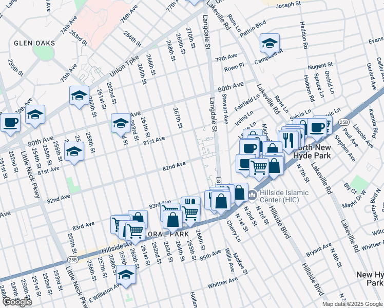 map of restaurants, bars, coffee shops, grocery stores, and more near 8155 268th Street in Queens