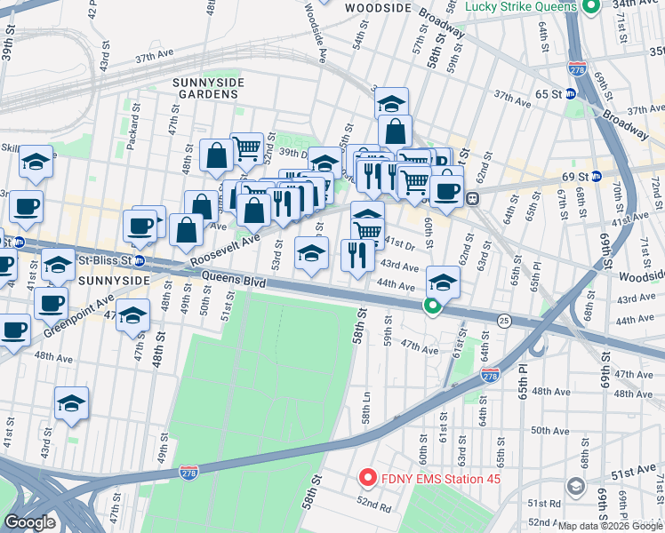 map of restaurants, bars, coffee shops, grocery stores, and more near 43-18 56th Street in Queens