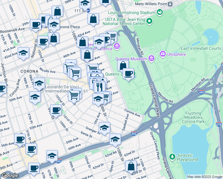 map of restaurants, bars, coffee shops, grocery stores, and more near 108-50 53rd Avenue in Queens
