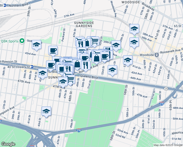 map of restaurants, bars, coffee shops, grocery stores, and more near 51-05 Queens Boulevard in Queens