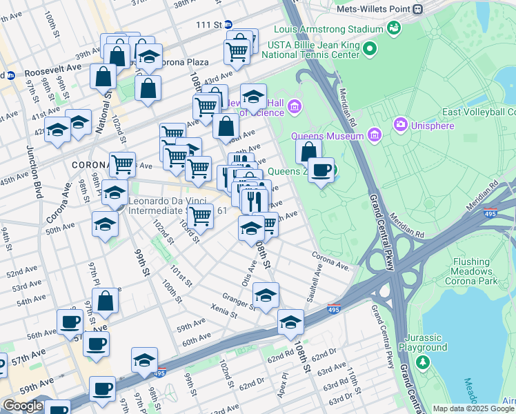 map of restaurants, bars, coffee shops, grocery stores, and more near 10809 53rd Avenue in Queens