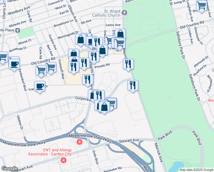 map of restaurants, bars, coffee shops, grocery stores, and more near 10 Hermit St in Garden City