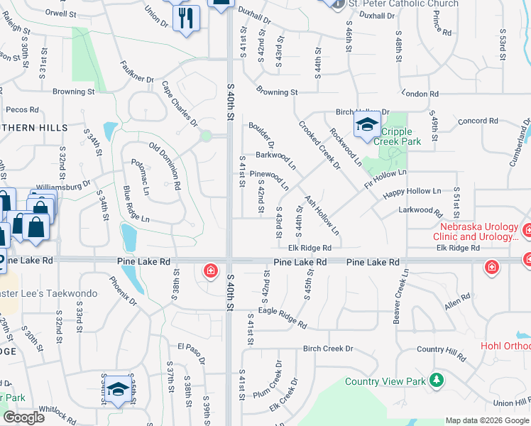 map of restaurants, bars, coffee shops, grocery stores, and more near 4200 Larkwood Road in Lincoln