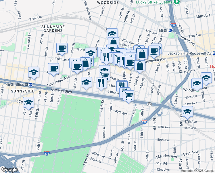 map of restaurants, bars, coffee shops, grocery stores, and more near 58-21 43rd Avenue in Queens