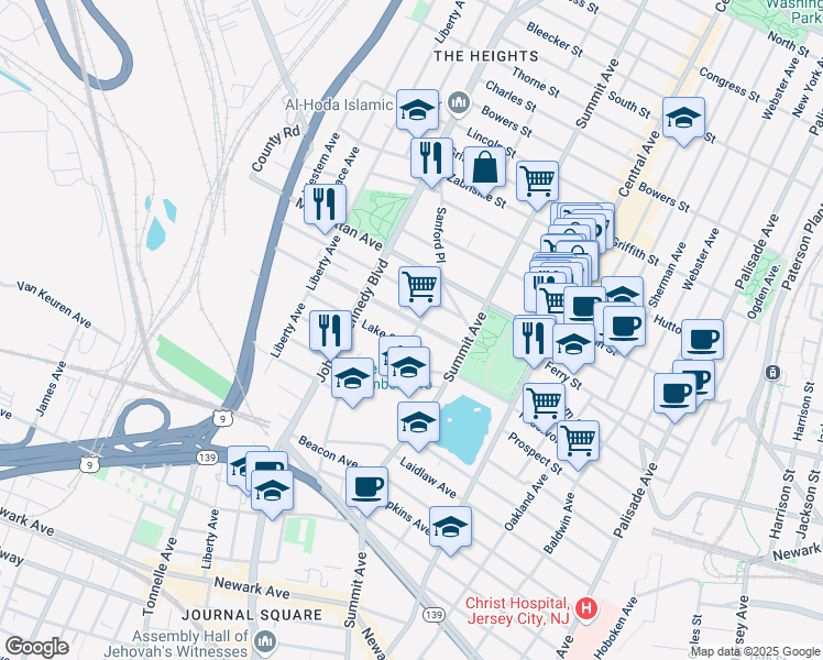 map of restaurants, bars, coffee shops, grocery stores, and more near 45 Carlton Avenue in Jersey City