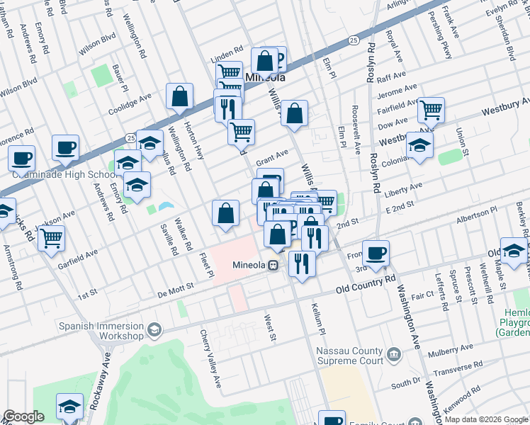 map of restaurants, bars, coffee shops, grocery stores, and more near 149 Mineola Boulevard in Mineola