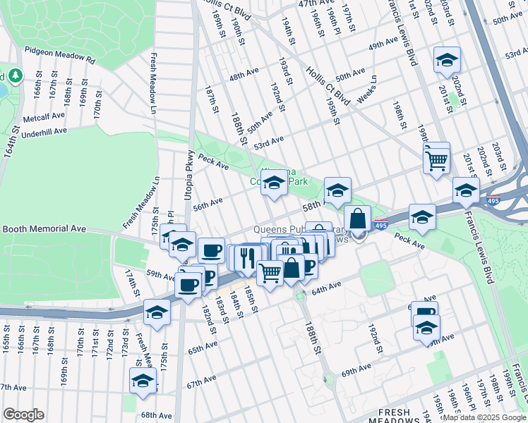 map of restaurants, bars, coffee shops, grocery stores, and more near 56-40 188th Street in Queens