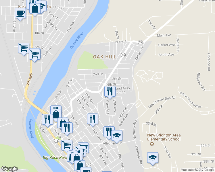 map of restaurants, bars, coffee shops, grocery stores, and more near 403 Penn Avenue in New Brighton