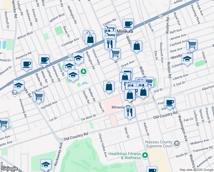 map of restaurants, bars, coffee shops, grocery stores, and more near 147 Horton Highway in Mineola