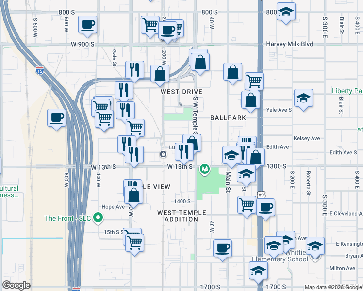 map of restaurants, bars, coffee shops, grocery stores, and more near 146 Lucy Avenue in Salt Lake City