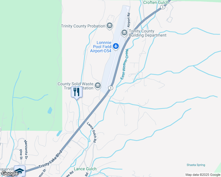 map of restaurants, bars, coffee shops, grocery stores, and more near Trinity Lake Boulevard in Weaverville
