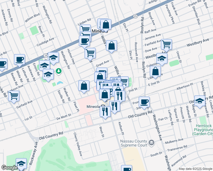 map of restaurants, bars, coffee shops, grocery stores, and more near 139 Main Street in Mineola