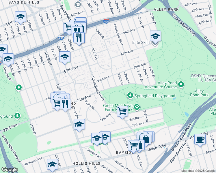 map of restaurants, bars, coffee shops, grocery stores, and more near 69-32 223rd Street in Queens