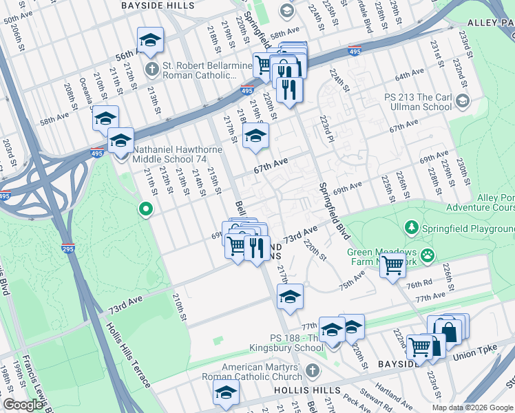 map of restaurants, bars, coffee shops, grocery stores, and more near 21628 68th Avenue in Queens