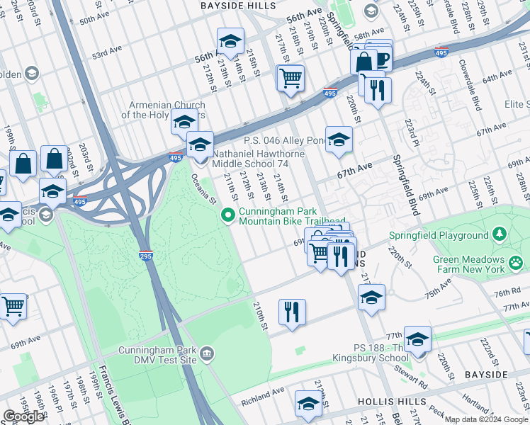 map of restaurants, bars, coffee shops, grocery stores, and more near 67-02 213th Street in Queens