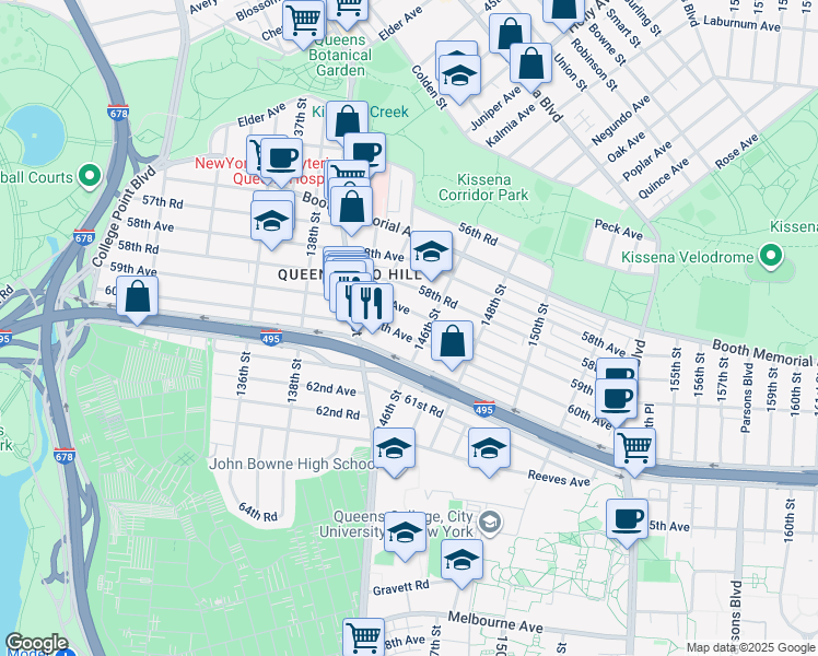map of restaurants, bars, coffee shops, grocery stores, and more near 142-25 60th Avenue in Queens