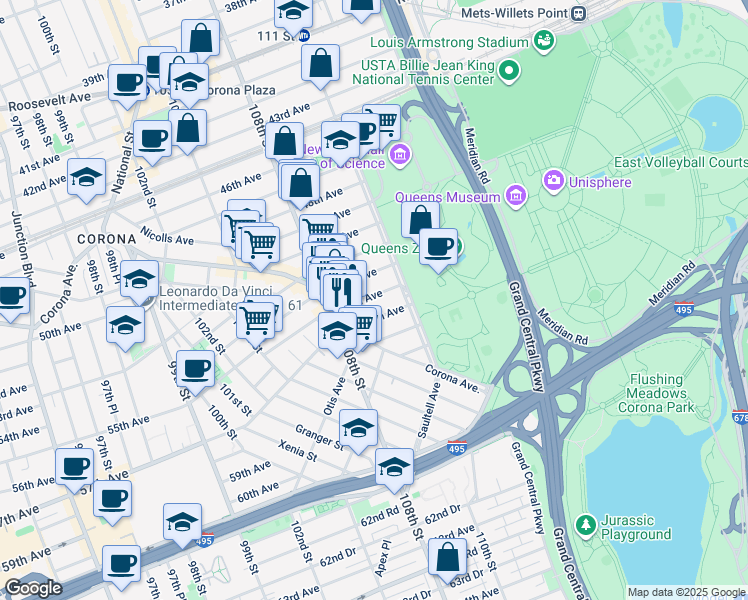 map of restaurants, bars, coffee shops, grocery stores, and more near 108-50 53rd Avenue in Queens