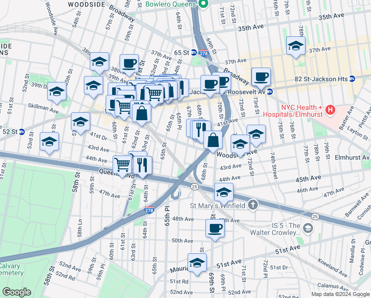 map of restaurants, bars, coffee shops, grocery stores, and more near in Queens