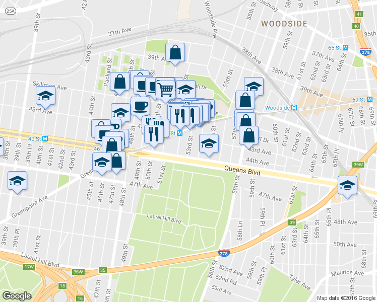 map of restaurants, bars, coffee shops, grocery stores, and more near in Queens