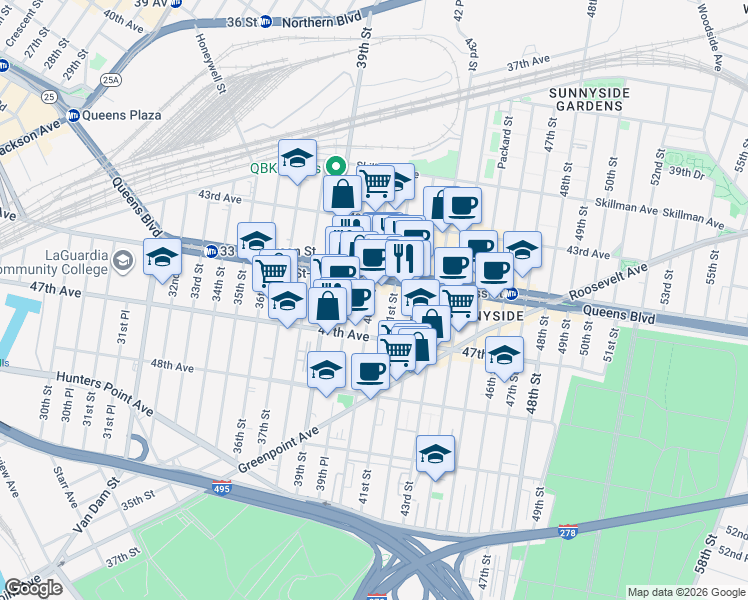 map of restaurants, bars, coffee shops, grocery stores, and more near in Queens
