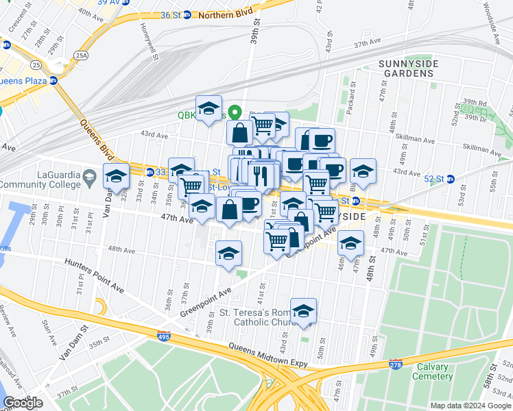 map of restaurants, bars, coffee shops, grocery stores, and more near in Queens
