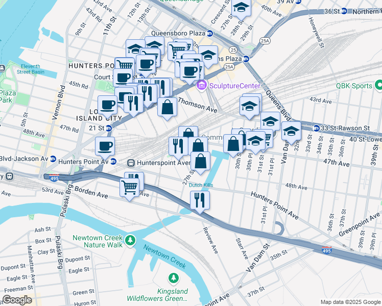map of restaurants, bars, coffee shops, grocery stores, and more near 47-7 Pearson Place in Queens