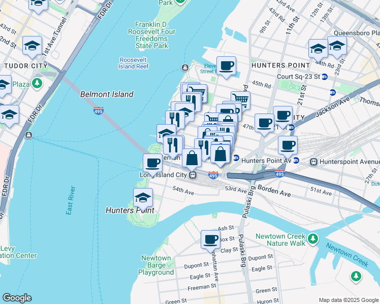 map of restaurants, bars, coffee shops, grocery stores, and more near 2-35 51st Avenue in Queens