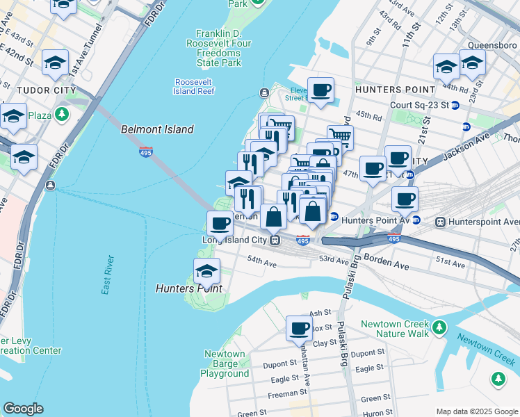 map of restaurants, bars, coffee shops, grocery stores, and more near 2-35 51st Avenue in Queens