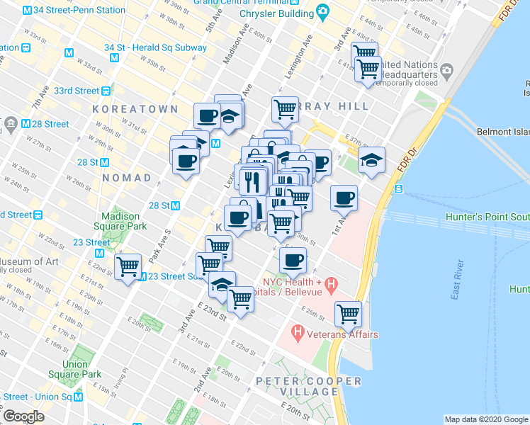 map of restaurants, bars, coffee shops, grocery stores, and more near 208 East 30th Street in New York