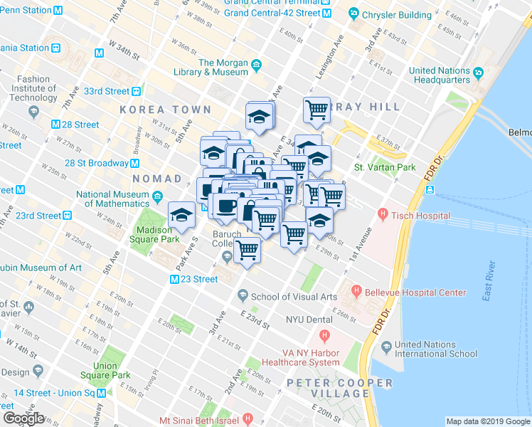 map of restaurants, bars, coffee shops, grocery stores, and more near 133 East 29th Street in New York