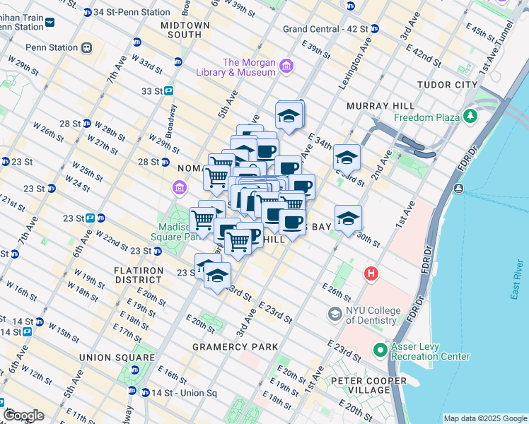 map of restaurants, bars, coffee shops, grocery stores, and more near 122 East 28th Street in New York