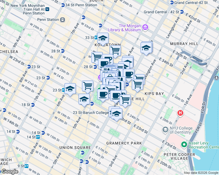 map of restaurants, bars, coffee shops, grocery stores, and more near 51 Madison Avenue in New York
