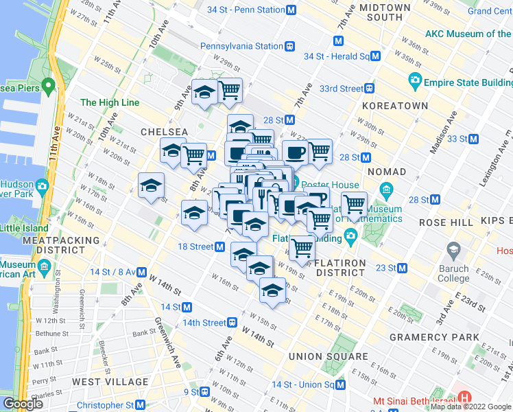 map of restaurants, bars, coffee shops, grocery stores, and more near 147 West 22nd Street in New York