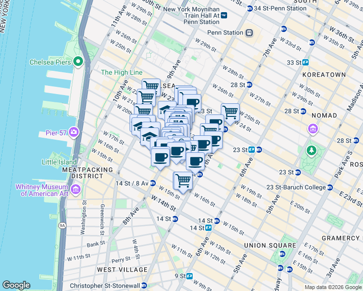 map of restaurants, bars, coffee shops, grocery stores, and more near 252 West 20th Street in New York