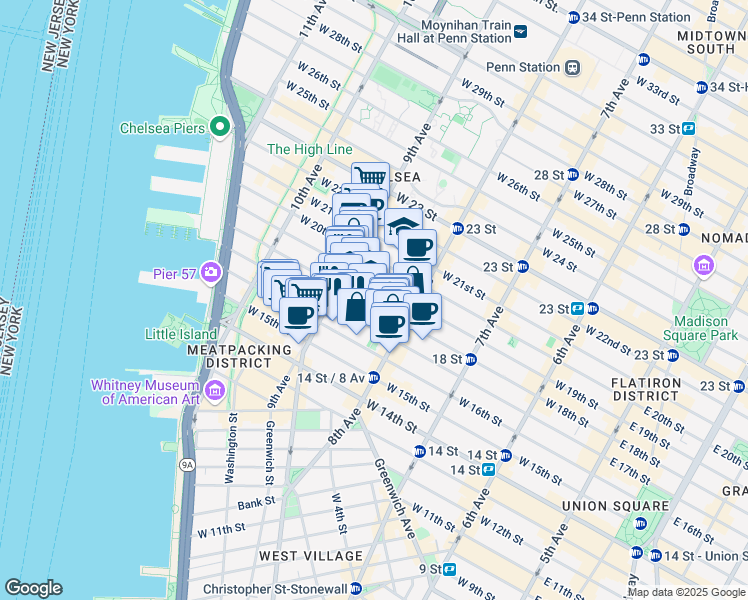 map of restaurants, bars, coffee shops, grocery stores, and more near 351 West 18th Street in New York