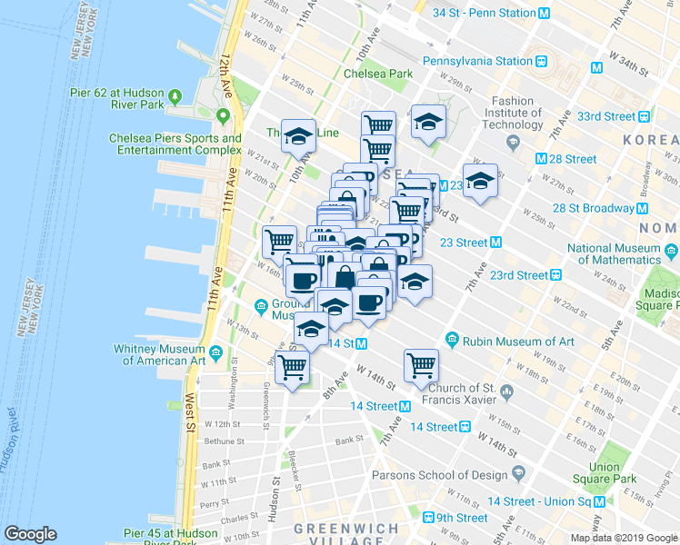 map of restaurants, bars, coffee shops, grocery stores, and more near 351 West 18th Street in New York