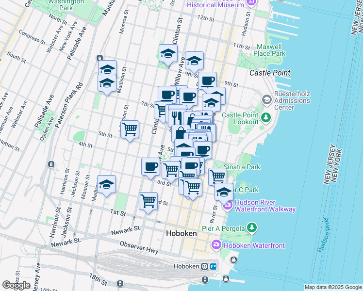 map of restaurants, bars, coffee shops, grocery stores, and more near 515 Garden Street in Hoboken