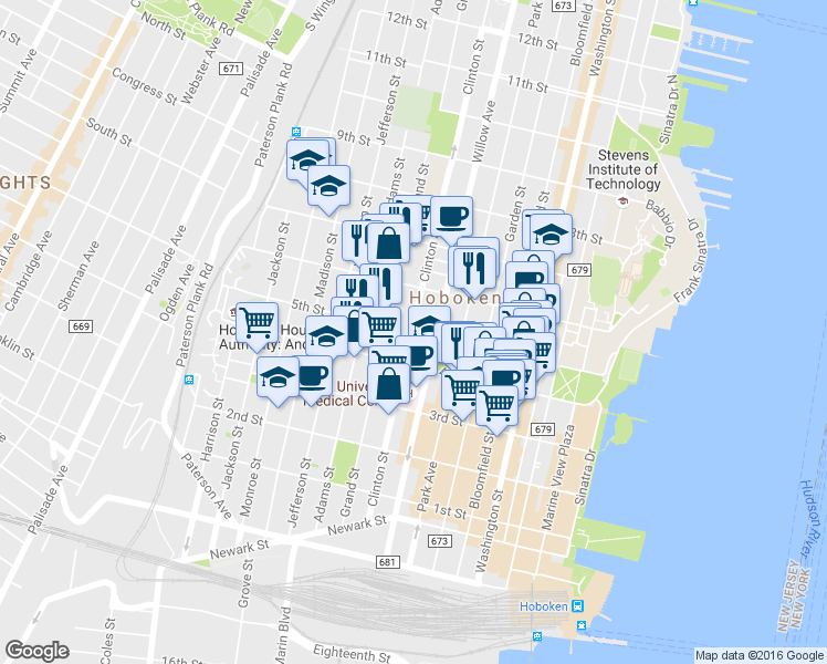 map of restaurants, bars, coffee shops, grocery stores, and more near 500 Clinton Street in Hoboken