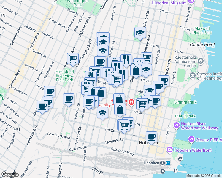 map of restaurants, bars, coffee shops, grocery stores, and more near 410 Jefferson Street in Hoboken