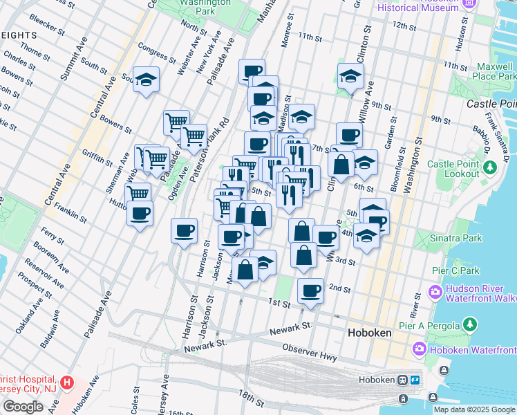 map of restaurants, bars, coffee shops, grocery stores, and more near in Hoboken