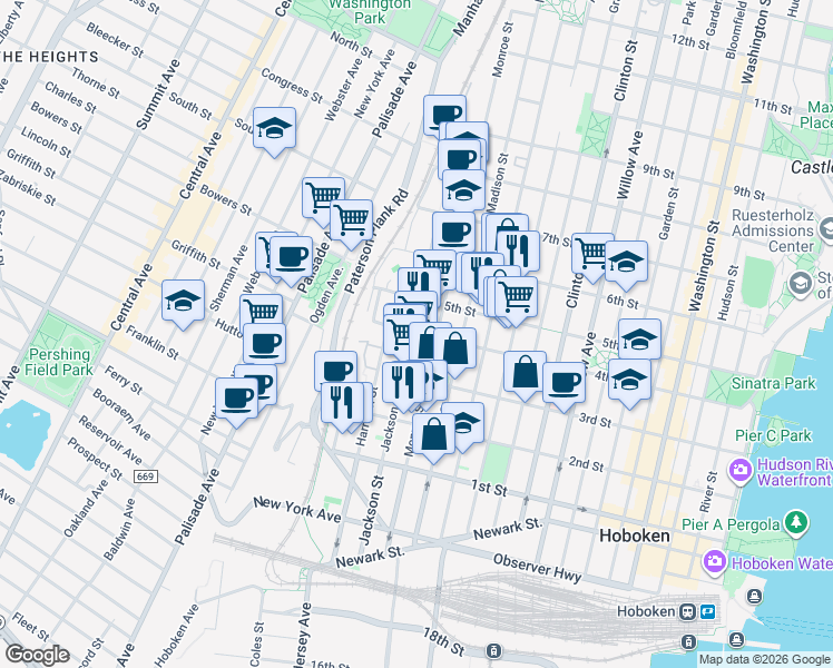 map of restaurants, bars, coffee shops, grocery stores, and more near 655 4th Street in Hoboken