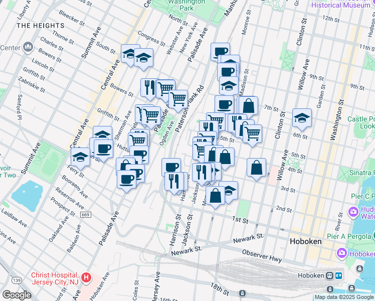 map of restaurants, bars, coffee shops, grocery stores, and more near 324 Marshall Drive in Hoboken