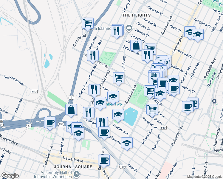 map of restaurants, bars, coffee shops, grocery stores, and more near 72 County Road 650 in Jersey City