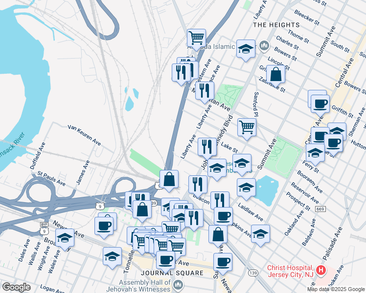 map of restaurants, bars, coffee shops, grocery stores, and more near 175 Liberty Avenue in Jersey City